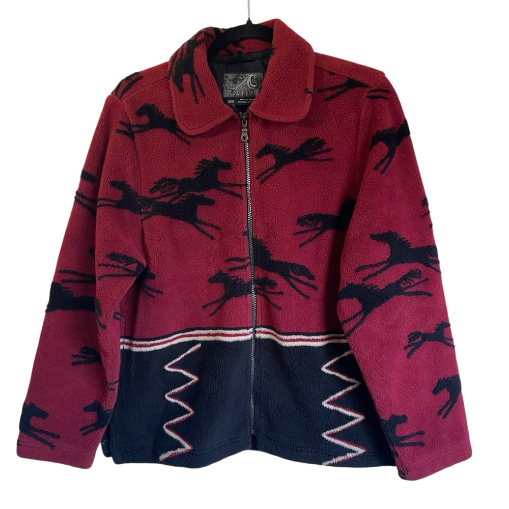 Vintage Tsunami Southwestern Full Zip‎ Fleece Jacket Horse Pattern Fuzzy Pockets